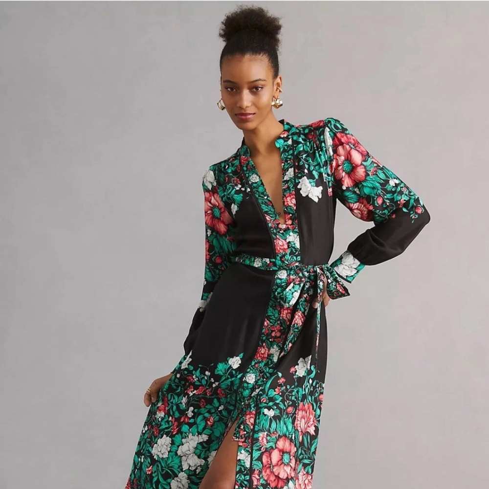 By Anthropologie Midi Shirt Dress size M Black Green Handkerchief Work Career